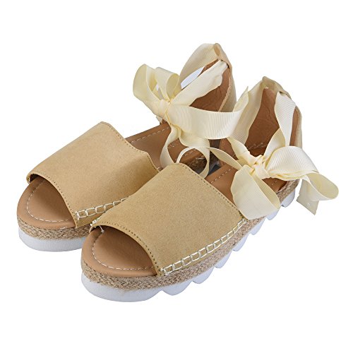 Sunyastor Womens Espadrilles Lace Up Flat Shoes Platform Ankle Strap Wrap Summer Sandals Peep Toe Chunky Holiday Shoes Beige
