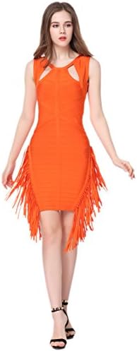 Claire Danny Fashion Tassel Rayon Sexy Slim Bandage Dress (L, Orange)