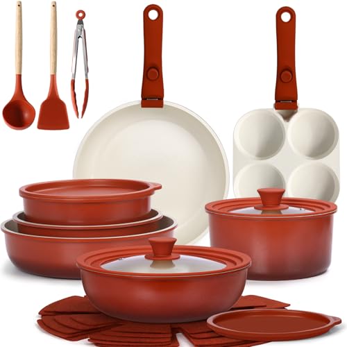 GiPP 21 Piece Non-Stick Frying Pan Set with Removable Handles, Red | Suitable for Induction, Gas,Ceramic,Electric,Aluminium,Healthy Kitchen for Motorhomes,Toxin Free,Oven/Dishwasher Compatible