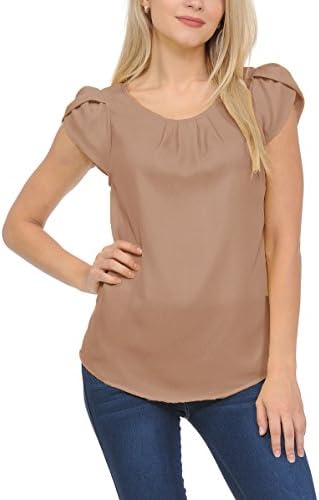Sweethabit Women's Casual Round Neck Blouse Basic Petal Short Sleeve Pleated Keyhole Back Top
