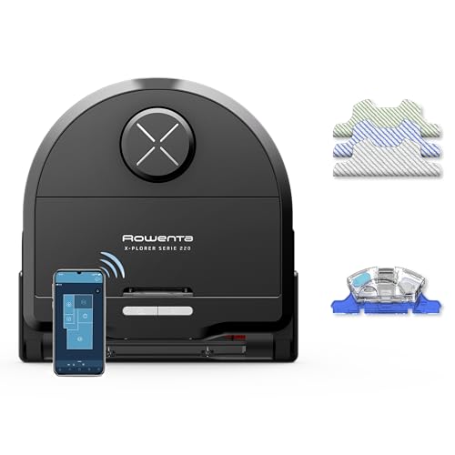 Rowenta Xplorer RR9475WH Animal & Allergy S220 Wet and Dry Robot Vacuum Cleaner, Laser Navigation, 120 Min Battery Life, App Control, Vibrating Mop, Black/Metal