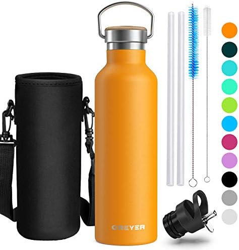 Creyer Stainless Steel Water Bottle, 500ml/17oz or 750ml/26oz Vacuum Insulated Double Walled Drinking Bottle, BPA Free Perfect for Outdoor, Office, Sports, with 2 Interchangeable Caps - 11 Colors
