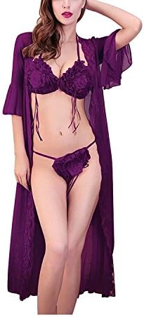 Kissria Womens Edge Mid-long Night Robe 3 piece Lace Pajamas Robe and Bikini Set