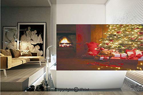 Decorative Privacy Window Film/Xmas Scene with Decorated Luminous Tree and Gifts by The Fireplace Artful Image/No-Glue Self Static Cling for Home Bedroom Bathroom Kitchen Office Decor Red Yellow