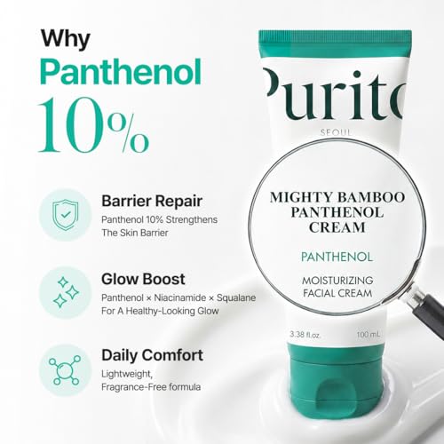 PURITO Mighty Bamboo Panthenol Cream, 10% Panthenol for Blemish Recovery & Glow Boost, Post-Acne Moisturizer, Silicone-Free, Non-Comedogenic, Vegan, Korean Skincare, 3.38 fl oz / 100ml