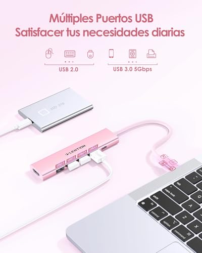 LENTION 6 in 1 USB C Hub HDMI 4K@30Hz, PD 100W, USB-A 3.0 & 2.0, USB C Adapter for MacBook Pro/Air 2026-2016, New MacBook Neo, Surface, iPhone 17 Plus Pro MAX and More (CH17, Rose Gold)