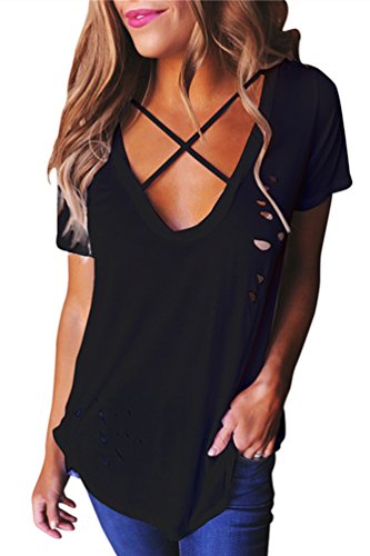 Womens Cross Front Short Sleeve Ripped T Shirt Summer Casual Tops XL Black
