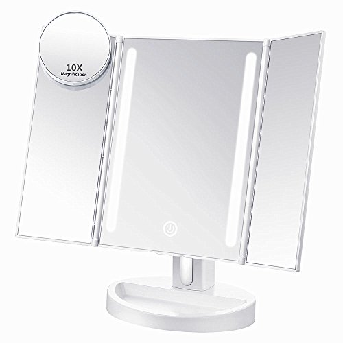 ASSIS Led Lighted Makeup Mirror with 10X Magnifying, Natural LED, Touch Screen and Auto Off Dual Power Supply, 180Â° Adjustable, Portable Compact Travel Trifold Vanity Mirror (White)