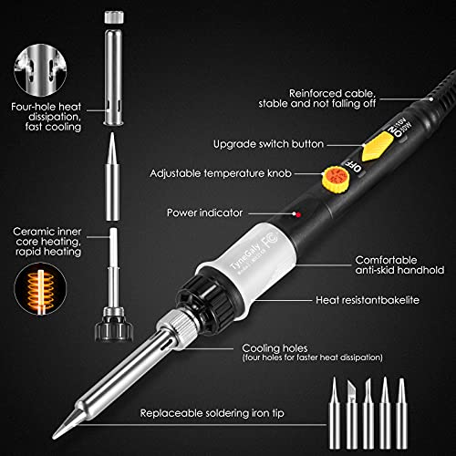Saldatore a stagno, TyneGaly Saldatore Kit 60W con interruttore ON/OFF, Temperatura Regolabile 200~450℃, Saldatore per Precisione Saldatura, 5 Pezzi Punte, Filo per Saldatura