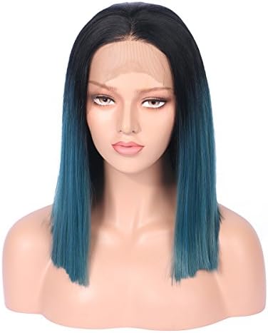 Estelle Wig Glueless Bob Lace Front Synthetic Wigs Ombre Black To Blue-130% Density Synthetic Hair Wigs for Women (12inch)
