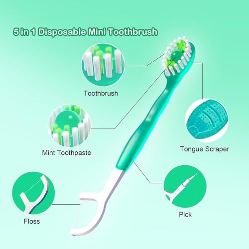 Mini Disposable Toothbrushes - 5 in 1 Travel Portable Toothbrush with Toothpaste + Tongue Scraper + Picks+Floss Travel Case, 10 Pcs-Mixed 4 Flavor