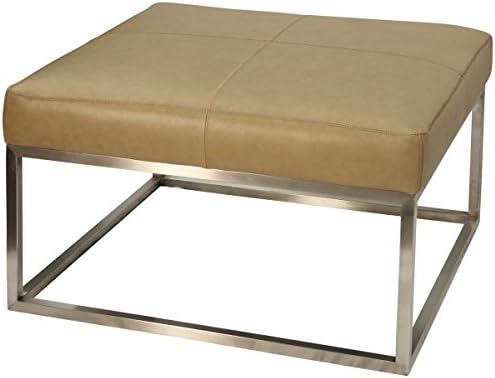 Collective Design Transitional Camel Leather Brushed Steel Metal Base Ottoman, silver