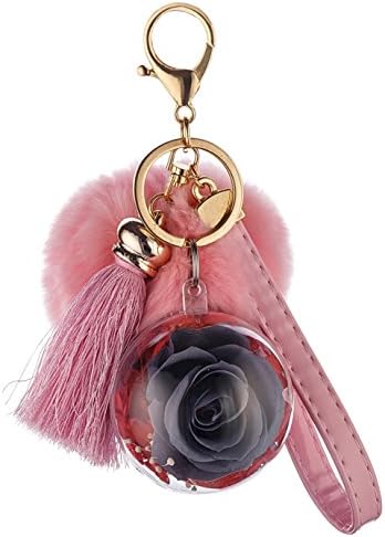 Fresh Rose Keychain Handbag and Purse Charm with Tassels and Rabbit Fur Pom Pom