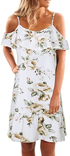 Kbook Womens Summer Floral Print Cold Shoulder Ruffle Strap Casual Pleated Mini Dress, Large, White