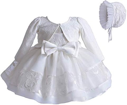 Infant Baby Girls Christening Baptism Gown Sleeveless Hollow Out Tulle Lace Multilayer Floral Bubble Skirts with Coat Hat Formal Dress 3 Pcs