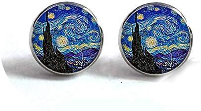 Painting Stud Earrings The Starry Night Ear Studs Van Gogh Sunflowers Round Jewelry Glass Dome Earrings,Silver14