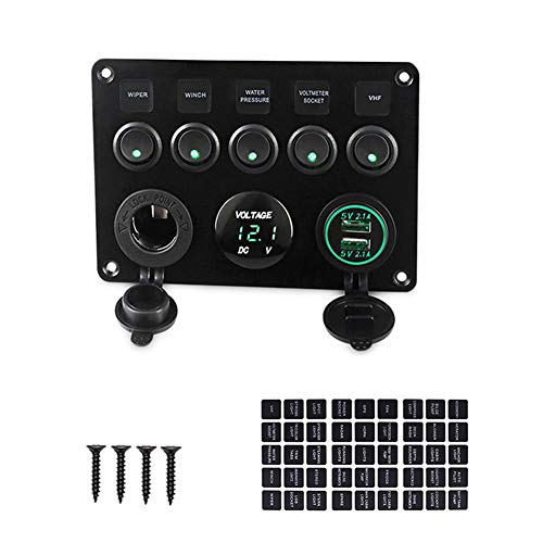 Boat Switch Panel 5 Gang Waterproof with Circuit Breakers Toggle Rocker Switch 4.2A Dual USB Charger Cigarette Lighter Socket for RV Car Boat Vehicles Truck Trailer Yacht (GREEN)
