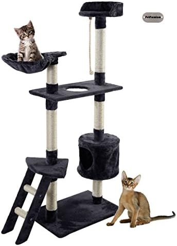 PetPremium Cat Kitten Tree Tower Condo | Indoor Hammock Bed Perch Modern Sturdy | Scratcher Scratching Post Furniture Play Pet Home House | 60" Height, Grey