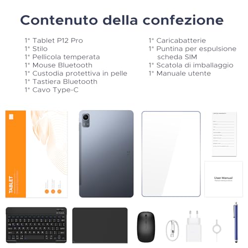 P12 Pro 12-Inch Tablet, 12000mAh Android 16 Tablet, 48GB RAM+256GB ROM/2TB TF, T7300 Octa-Core, 4G LTE, 2.4K/120Hz, 13MP, Gemini AI, Face ID/OTG/GPS/FM, Tablet with Keyboard and Pen, Grey