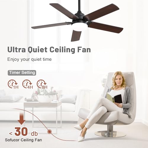 Sofucor 107 cm Ceiling Fan with Light, 6 Speeds, Control, Timer, DC Motor, LED Silent Ceiling Fan with Lamp for Bedroom Living Room