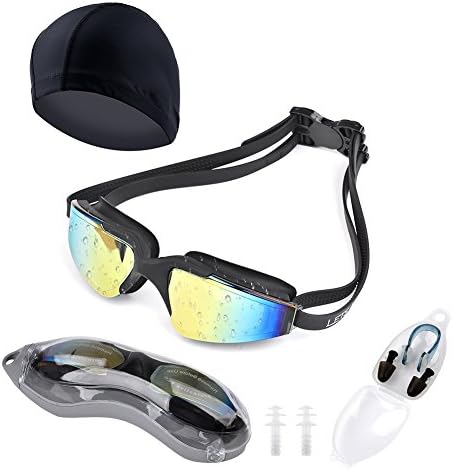 LETS MEETi Swim Goggles Glasses No Leaking Anti-Fog Adjustable Waterproof Swimming Gear Kit for Adult, Black