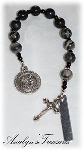 U. S. Navy Personalized St. Christopher Chaplet/Pocket Rosary - Shades of Black Glass Beads - One Decade Rosary - Catholic / Religious Gift