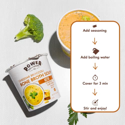 POWER PROVISIONS CHEDDAR BROCCOLI BONE BROTH SOUP CUPS – KETO INSTANT SOUP CUP – COLLAGEN INFUSED WITH 17G OF PROTEIN – GLUTEN-FREE SOUP – 1.2 OZ. – PACK OF 1