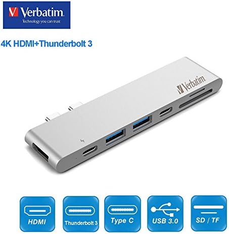 Thunderbolt 3 Hub,Verbatim USB Type-C MacBook Pro Adapter 40Gbs Thunderbolt 3,4K HDMI Video Output,Pass-Through Charging,SD/Micro Card Reader,2 USB 3.0 Ports for 2016/2017 MBP 13" and 15"(Silver)
