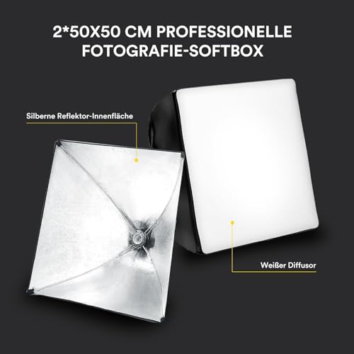RALENO Studio Softbox Lighting Kit Photography, 2 x 50 x 50 cm Continuous Lighting Equipment with 50W LED Bulb, Universal Tripod Mount, Fabric Bag for Photo Studio Equipment