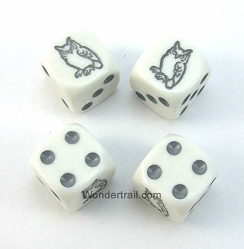 WKP18706E4 Owl Dice White Opaque with Grey Pips D6 16mm (5/8in) Set of 4 Dice Koplow Games