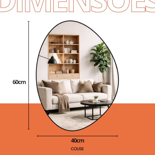 Espelho Decorativo Orgânico Adnet Suspenso com Suporte de Parede Costurado em Couro Ecológico para Banheiro Quarto Sala 60x40cm (Preto)