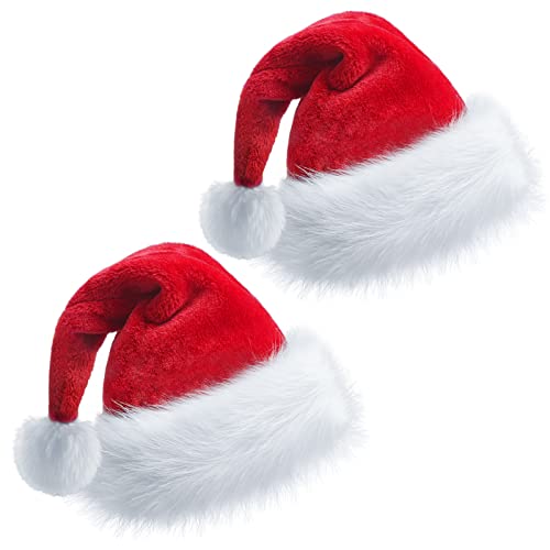 PUHPIG Santa Hat for Adults Christmas Hat Unisex Double Layer Thicken Velvet Comfy Holiday Xmas Hat for New Year Festive Party /2 PCS
