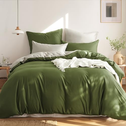 RUIKASI Bettwäsche 220x240 Baumwolle Grün - Olivegrün Bettwäsche-Sets 220x240cm 3teilig Wendebettwäsche 3tlg mit Reißverschluss, zweifarbige Bettbezug