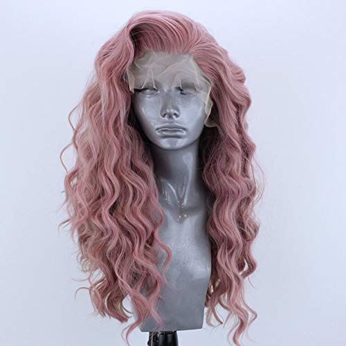 SeraphicWig Long Curly Wavy Pink Wig Beautiful Loose Curl Synthetic Lace Front Wigs for Women Heat Resistant Fiber Hair 24inch