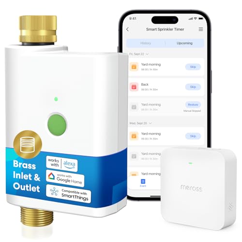 meross WiFi Water Hose Timer with WiFi Hub, Smart Sprinkler Valve with Brass Inlet & Outet, Work with Apple Homekit, Alexa & Google Assistant, Watering Timer for Lawn, Garden, Yard and Pool