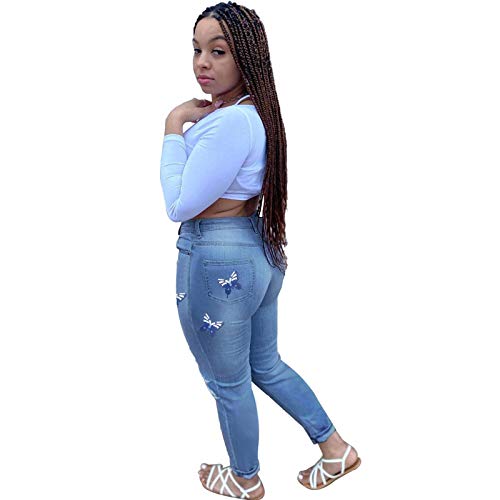WUAI-Women Plus Size Ripped Boyfriend Jeans Stretch High Rise