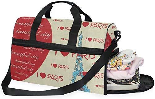 Travel Tote Luggage Weekender Duffle Bag, Fashion Red Heart Eiffel Tower Large Canvas shoulder bag with Shoe Compartment