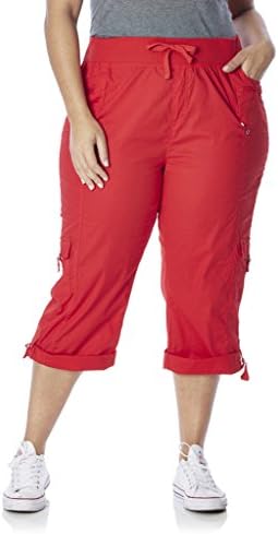 [28206XRA-RED-3X] Rouge Collection Women Plus Size Capri Pants, Adjustable Length, Elastic Waist