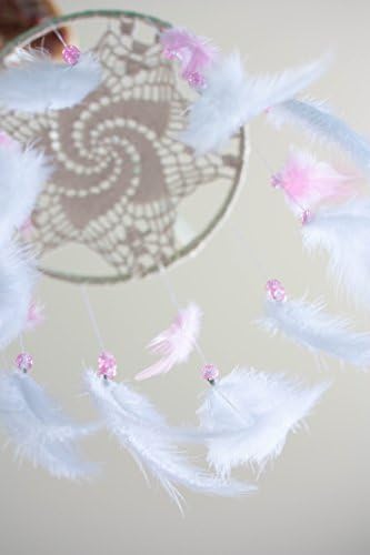 Crib Mobile Feather Dreamcatcher Diameter 8 inches(20cm) Ivory doily, White and pink feathers and Pink glass beads