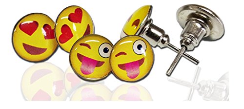 3 Pair of Emoticon Face Pin-Back Earrings - Assorted Smiley Emoticon Ear Rings