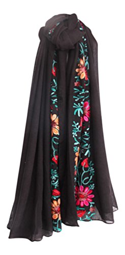 LuluVin Women's Scarf Cotton Embroidered Lightweight Shawl Wrap (Black)