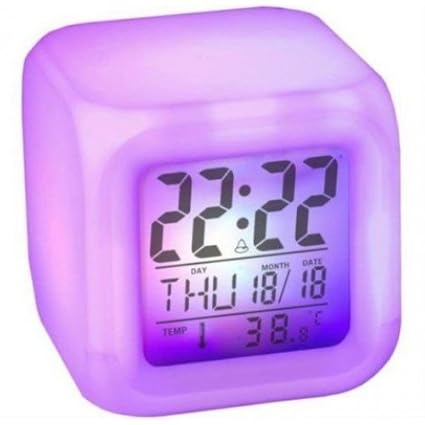 Flipco Glowing Cube LED 7 Color Changing Digital Alarm Clock - with Temperature + Day + Month + Date + Time + Alarm - Voted Best Gift Item