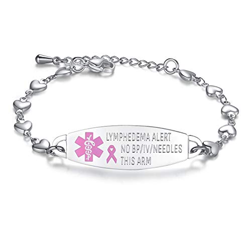 mnmoom Lymphedema Alert bracelet no bp no needles bracelet for women adjustable stainless steel breast cancer medical bracelets, 7 Inch, Metal