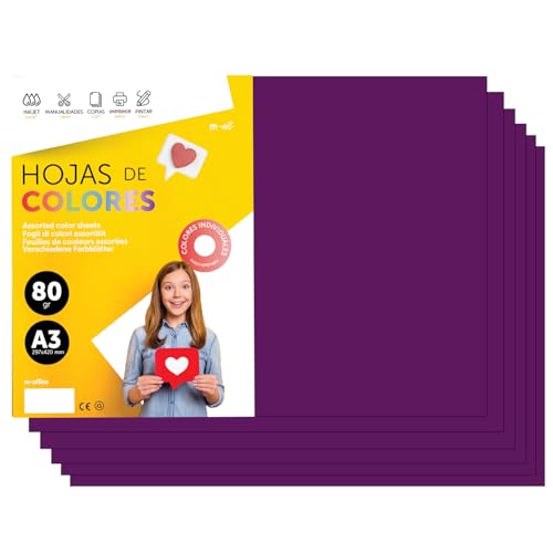 m-Office A3 80 g Coloured Paper for Printers and Crafts, Assorted Paper for Children, Pack of Colours for Cards, School and Creative Projects m-Office (100h, Purple)