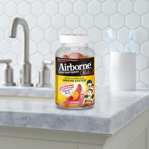 AIRBORNE KIDS 500MG VITAMIN C GUMMIES, KIDS IMMUNE SUPPORT ZINC GUMMIES WITH POWERFUL ANTIOXIDANTS VIT C & E – 63 , ASSORTED FRUIT FLAVOR