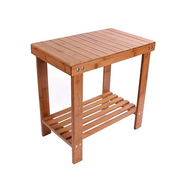 DECOMIL - Bamboo Shower Bench 16â, Foot Rest Shaving Stool with Storage Shelf | Nonslip Feet & Waterproof Bathing Bench | Perfect for Indoor and Outdoor Use