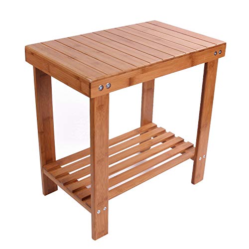 DECOMIL - Bamboo Shower Bench 16â, Foot Rest Shaving Stool with Storage Shelf | Nonslip Feet & Waterproof Bathing Bench | Perfect for Indoor and Outdoor Use