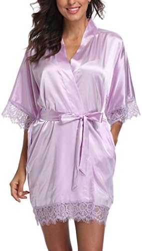 Short Satin Kimono Robes Women Pure Color Bridemaids Bath Robe with Lace Trim