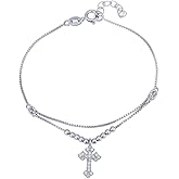 Vanbelle Sterling Silver Jewelry - Rhodium Plated with 925 Stamp - Beaded Chain Bracelet & Hanging Florentine Cross with Cubic Zirconica Stones for Women - 6.5" Long + 1" Extender
