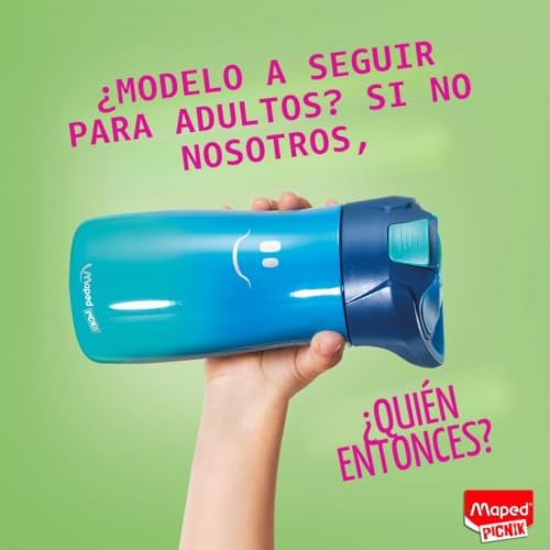 Garrafa de água infantil 430 ml, em aço inoxidável, reutilizável, tampa de bastão com botão de trancamento, isolamento térmico, design ergonómico com pega, fácil de limpar, cor azul